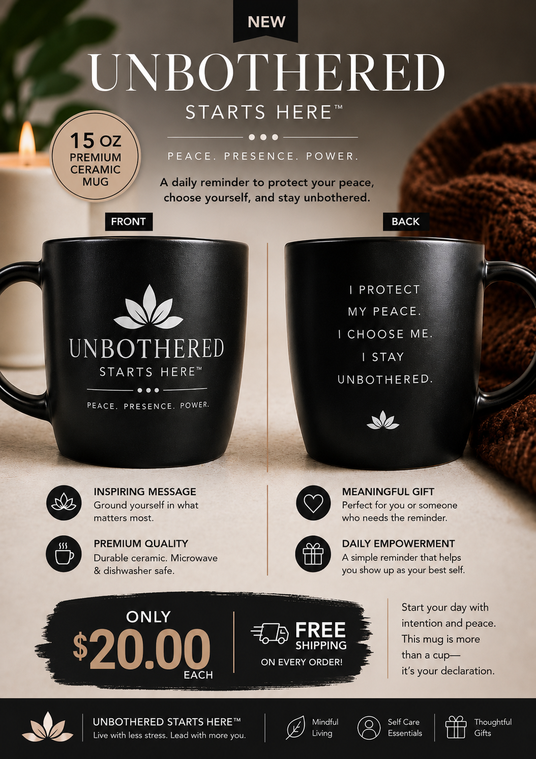 Unbothered Starts Here™ | 15 oz Premium Ceramic Mug