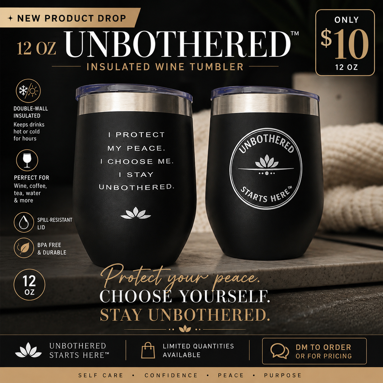 Unbothered Starts Here™ | 12 oz Premium Insulated Wine Tumbler
